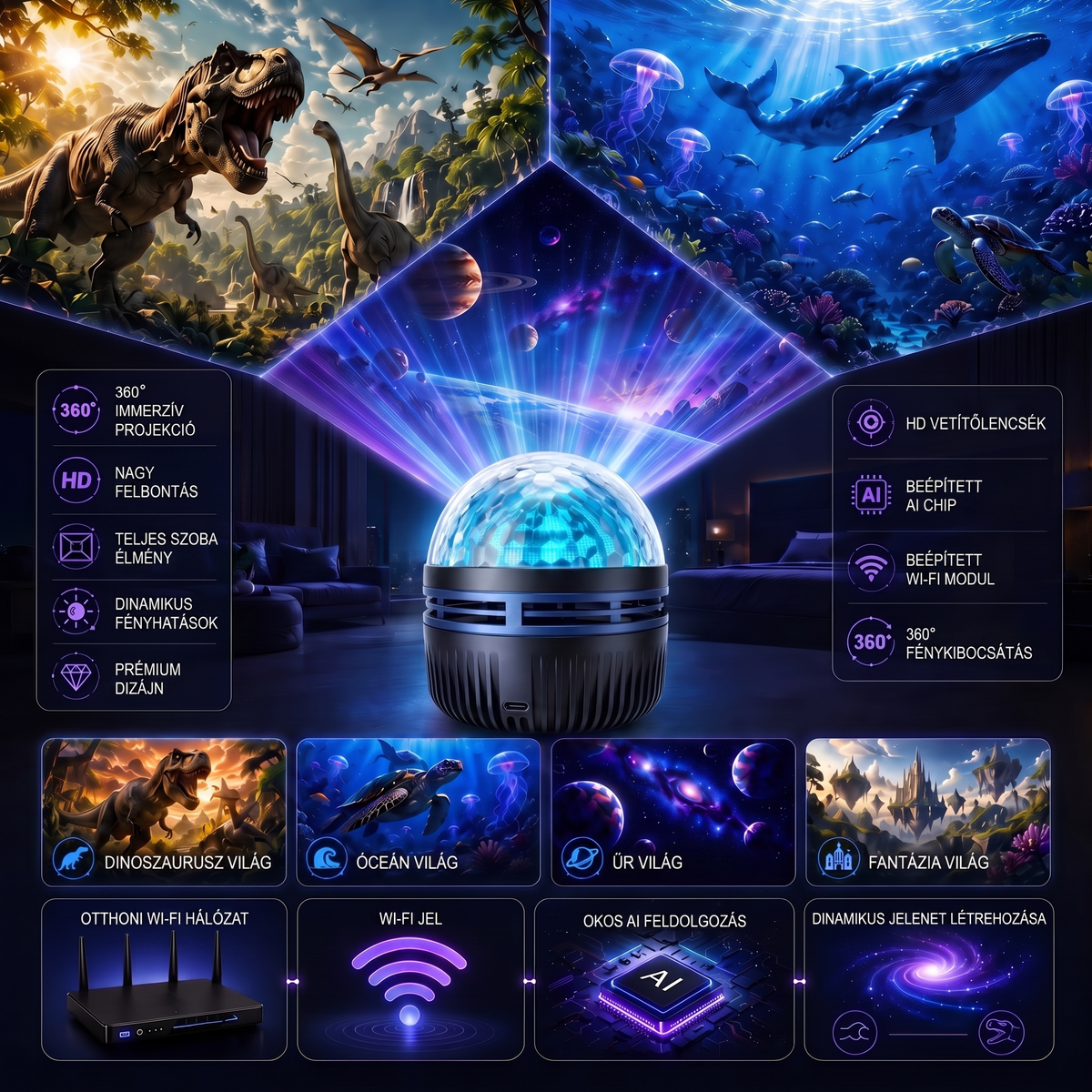 Hivatalos áruház | 🦖🌌 SCNDR® 360° okos holografikus csillagos égbolt projektor (HD Smart Dynamic 5D)